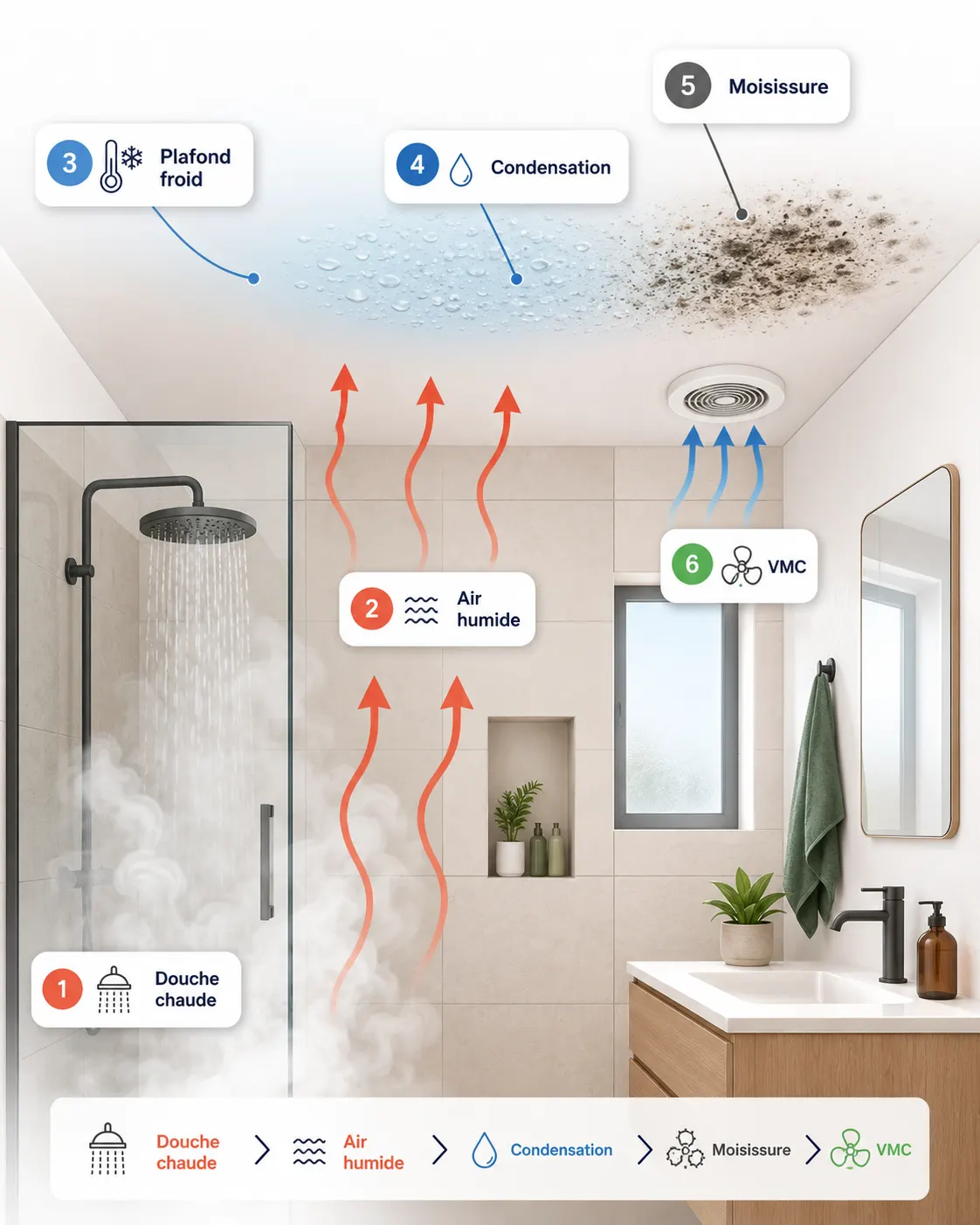 Schéma explicatif DocteurMaison : Moisissure au plafond de la salle de bain