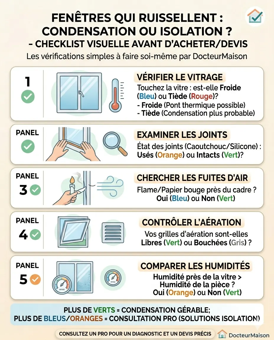 Checklist visuelle pour comprendre : Fenêtres qui ruissellent : condensation ou isolation ?