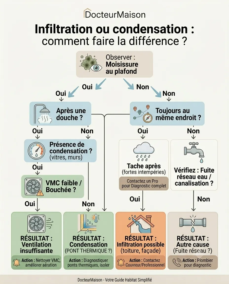 Arbre de décision DocteurMaison : Infiltration ou condensation : comment faire la différence ?